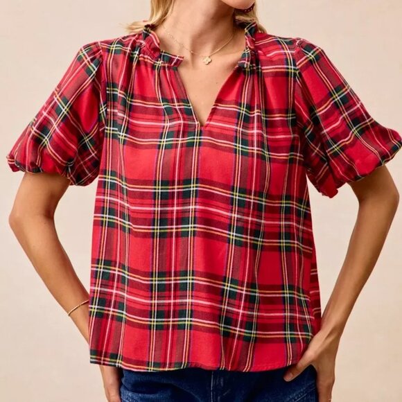 BiBi Christmas Plaid Short Sleeves Ruffled Blouse - Picture 1 of 11